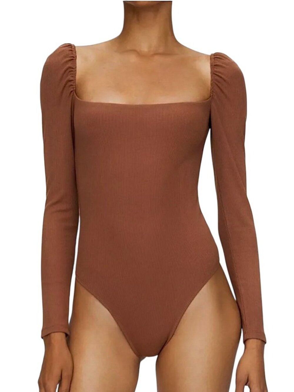 WILFRED Jeanette Ribbed Thong Bodysuit Square Neck Puff Long Sleeve Brown